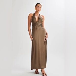 Meshki Olive Green Halter Maxi Dress